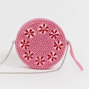 Pink Beaded Round Purse with Silver Chain Strap